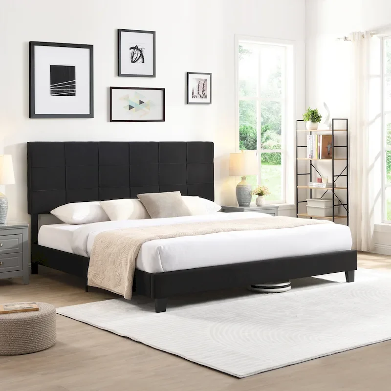 Tufted Headboard Black King Linen Bed