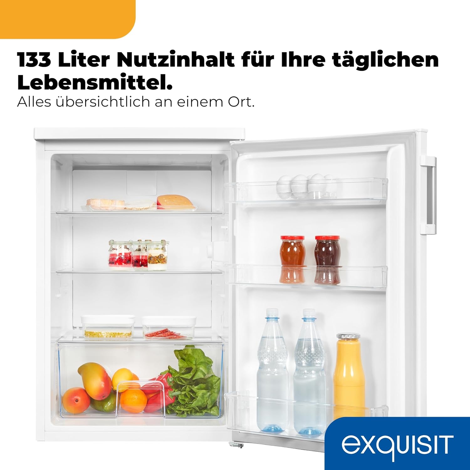Exquisit Vollraumkühlschrank | 133 l Nutzinhalt, Energieklasse E, 40 dB(A) | kompakte Bauform, LED-Innenbeleuchtung, manuelle Temperaturregelung, Flaschenfach, Gemüseschublade | KS516-V-H-010E weiss