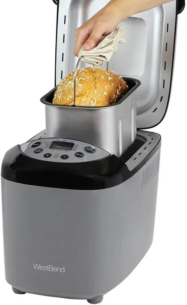 West Bend 47413 Hi-Rise Programmable Bread Maker Machine with Horizontal Dual Blade and 12 Programs, Including Gluten Free Mode, 3 Lb, Gray