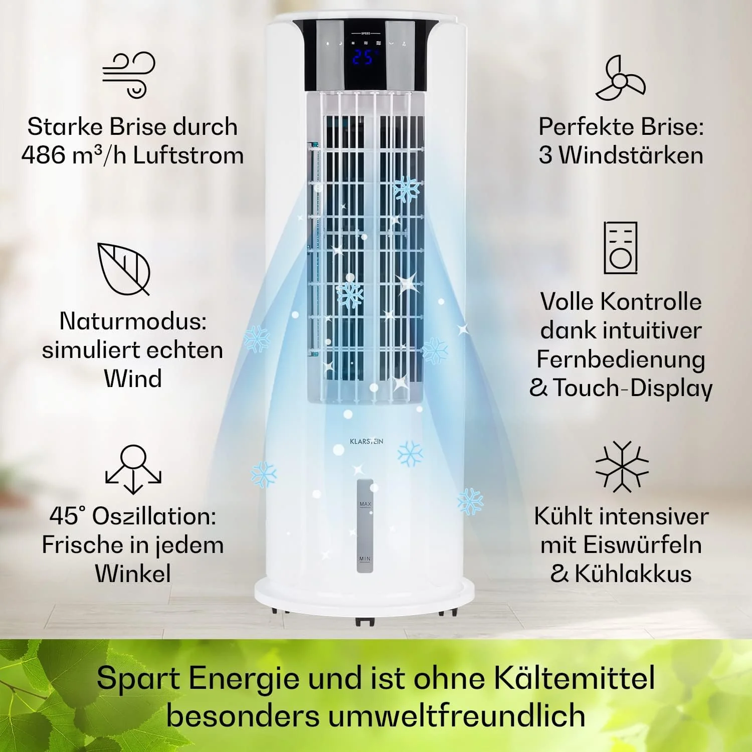 Klarstein Luftkühler mit Wasserkühlung, 4-in-1 Raumkühler, Luftbefeuchter, Ventilator & Nachtmodus, Mobile Klimageräte Luftkühler mit 3,5L Tank & Timer, 60W Air Cooler mit 486 m³/h Luftstrom