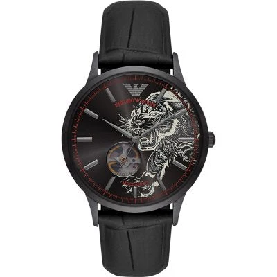 Emporio Armani Meccanico Skeleton Black Dial Black Leather Strap Watch AR60046