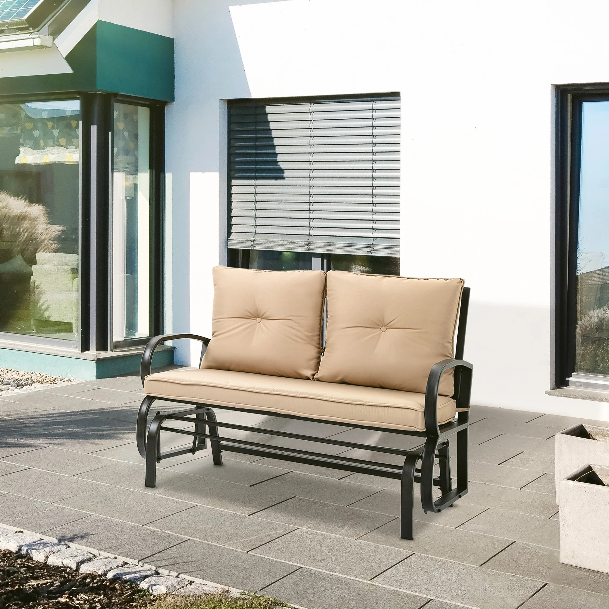 Easycomfort Panchina a Dondolo da Giardino per 2 Persone con Cuscini per Seduta e Schienale, 122x70x87cm, Khaki