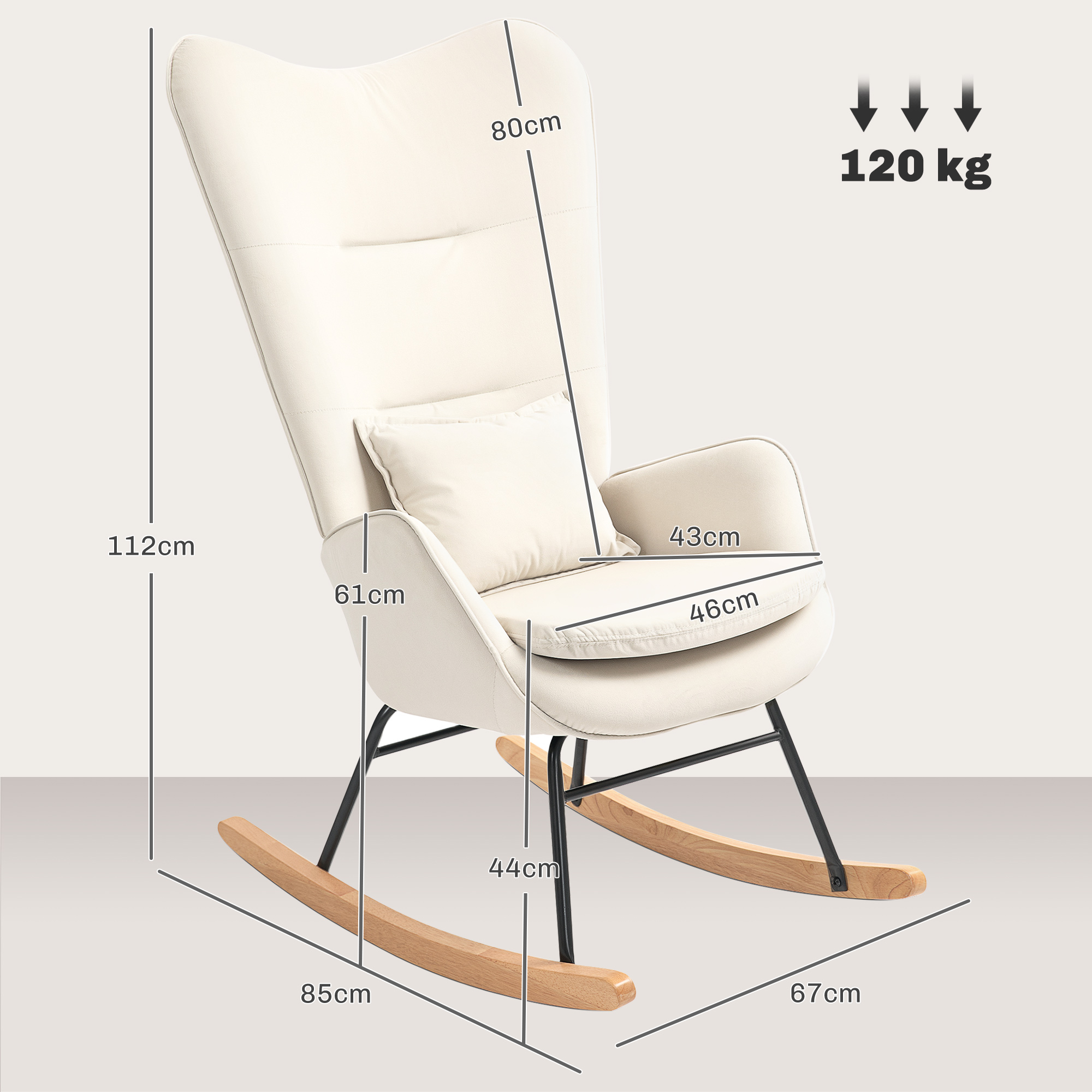 Schommelstoel in Samt-uitstraling met Lendenkussen, tot 120 kg, 67 x 85 x 112 cm, Crèmewit