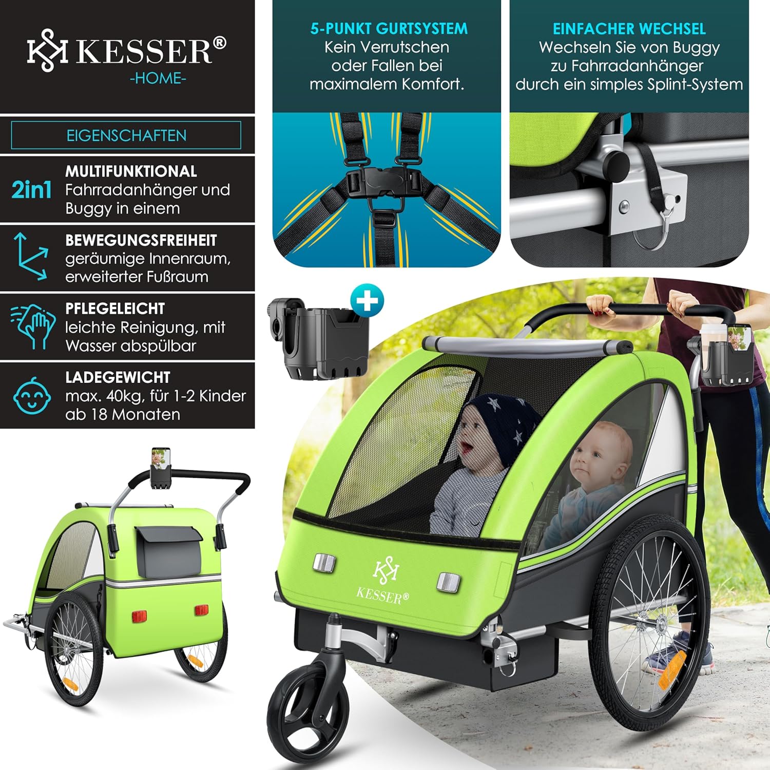 KESSER Kinderfahrradanhänger Sport-RX 2in1 Jogger & Buggy 5-Punkt-Gurt Sicherheitsgurt 360° Vorderrad Kinderfahrradanhänger Reflektoren für 1-2 Kinder (max. 40 kg) Getränkehalter & Smartphonefach