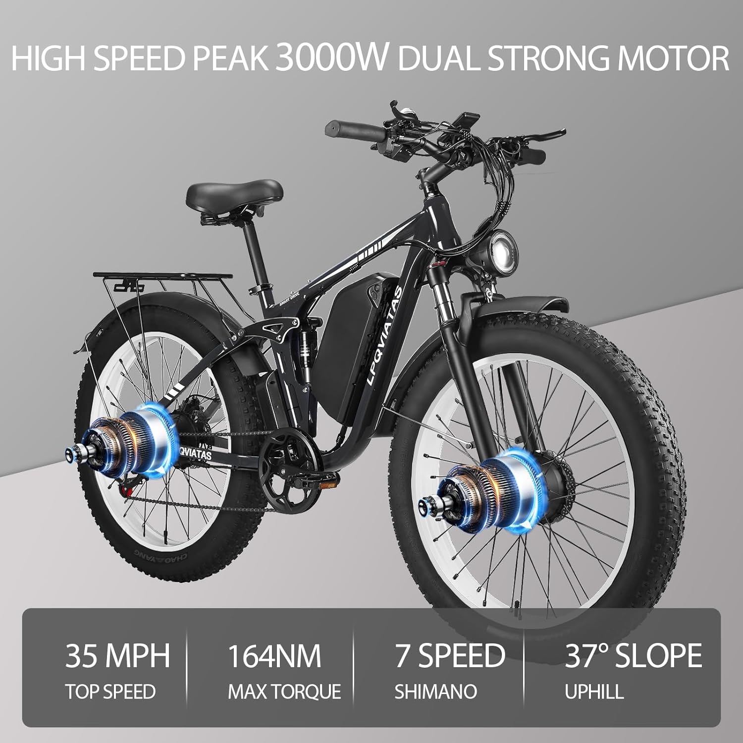 Peak 3000W Fat Tire Dual Motor Ebike 52V 23Ah Battery,26 x 4 Electric Mountain Bicycle for Adults Men 38MPH Full Lockbale Suspension Ebike 90 Miles Range 7 Speed Hydraulic Disc Brake（US Warehouse)