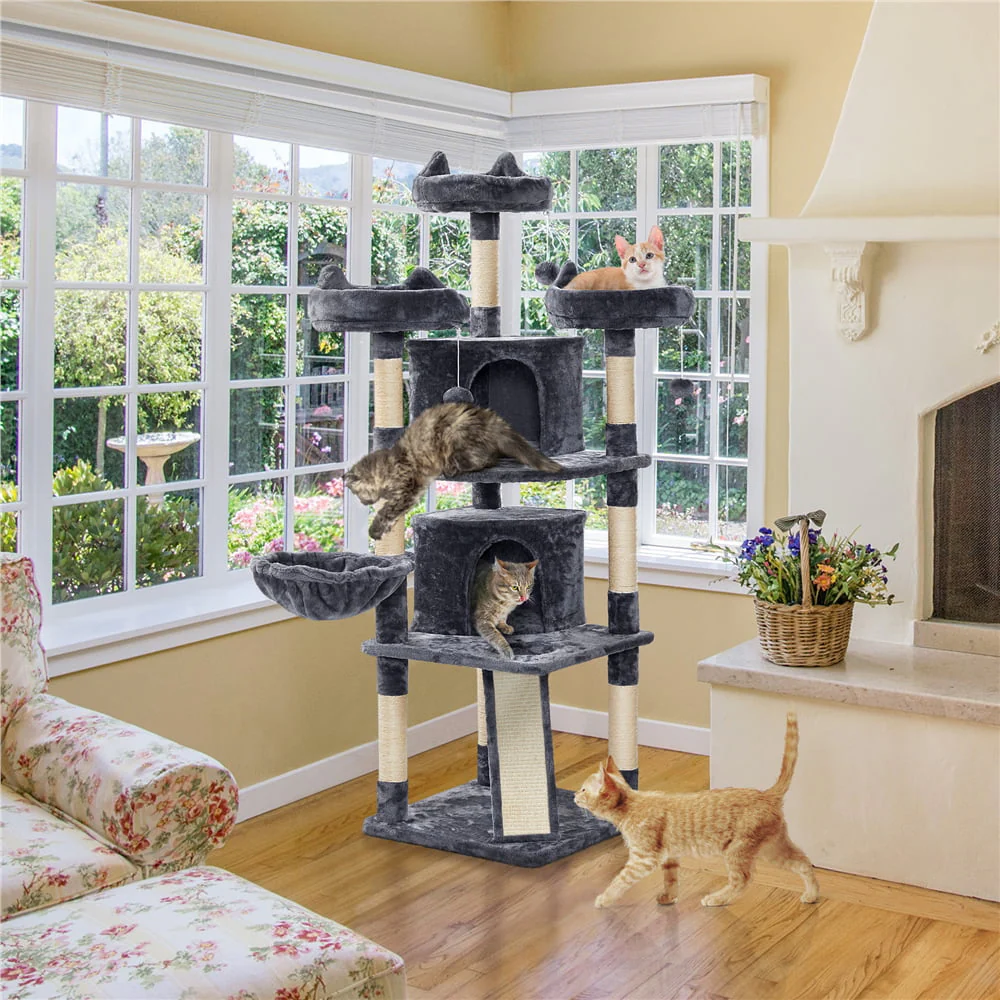 Árbol para Gato de Gran Formato Topeakmart 175 cm con 2 Cuevas y Rascadores, Gris Oscuro