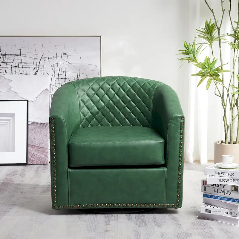 KINWELL 29 Wide Tufted PU Leather Swivel Barrel Chair