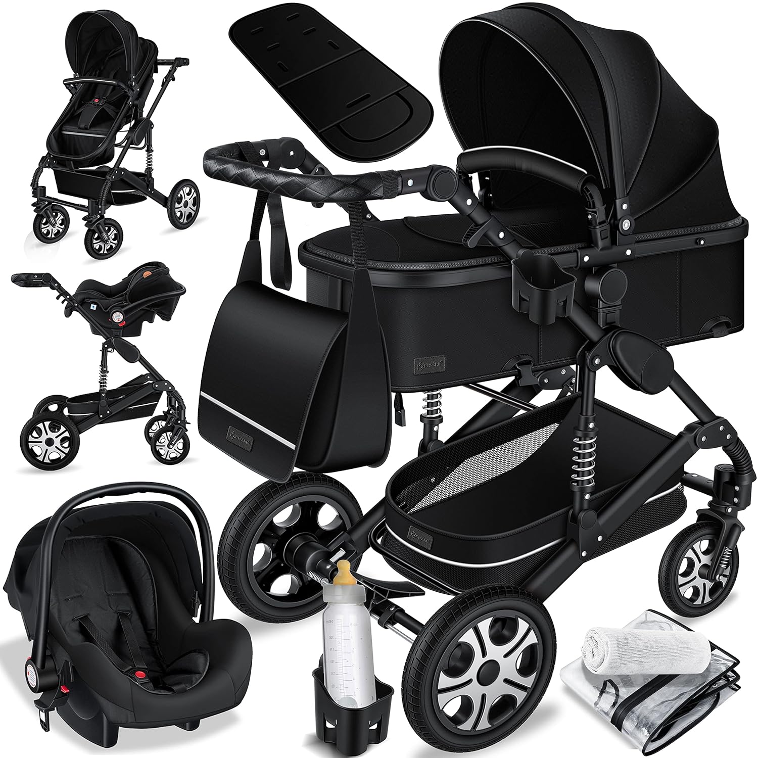 KESSER® Loops 3 in 1 Kinderwagen Kombikinderwagen Komplett-Set inkl. Babywanne & Buggy Sportsitz & Auto-Babyschale Voll-Gummireifen Wickeltasche Regenschutz Kindertisch ECE R129, Grau/Silber