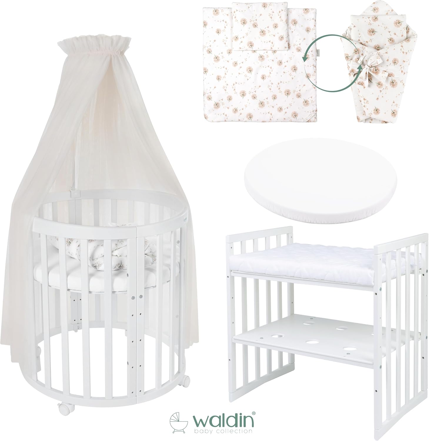 Waldin Oval Baby-Bett Mitwachsend Komplett Set 7in1, Gitterbett, Kinderbett mit Matratze, Wickelkommode, Beistellbett, Holz Weiß