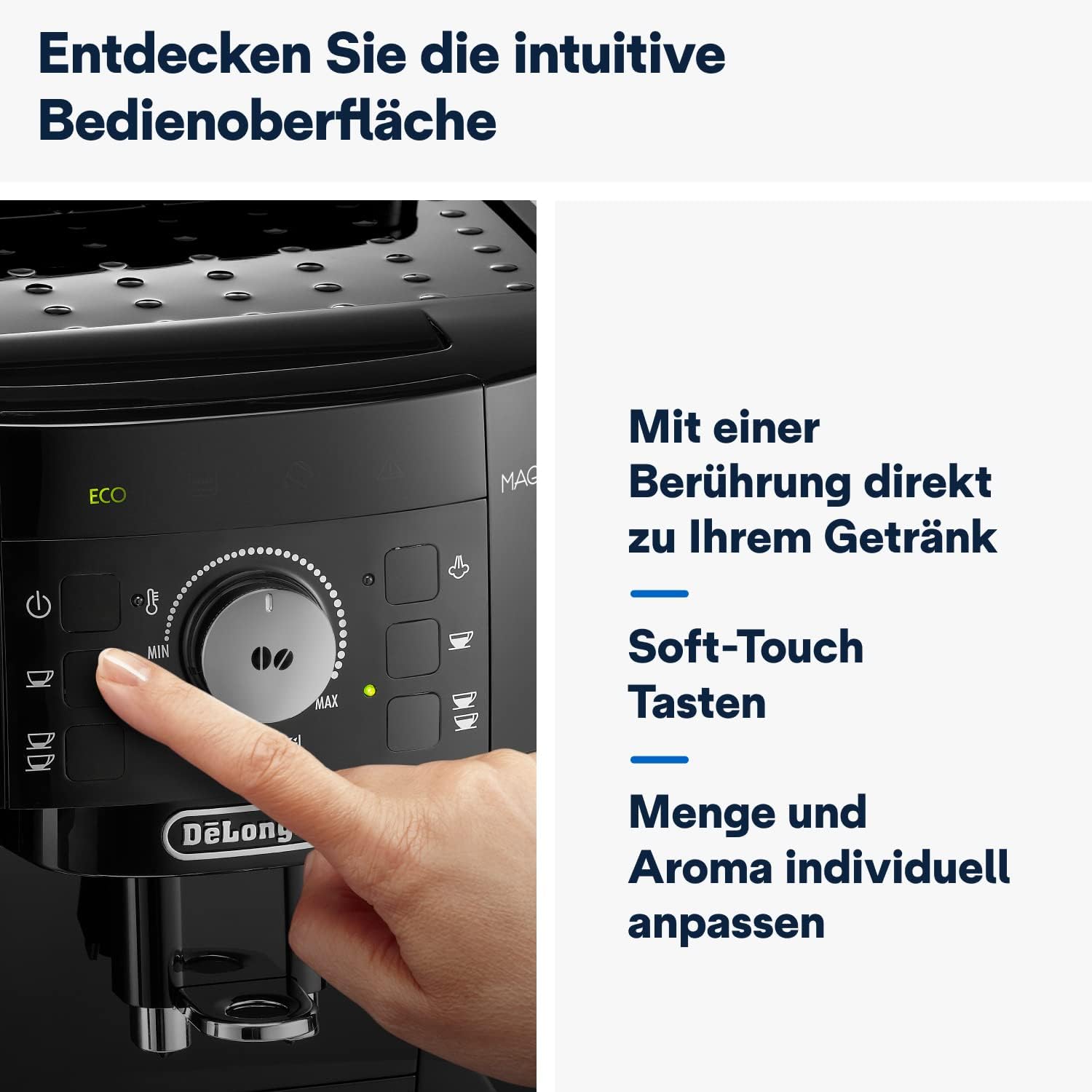 De'Longhi Magnifica Start ECAM222.60.BG, Kaffeevollautomat mit LatteCrema-Milchsystem für Automatischen Cappuccino, 4-Direktwahl-Tasten, Soft-Touch-Bedienfeld, x2-Funktion, 1450W, Schwarz/Grau