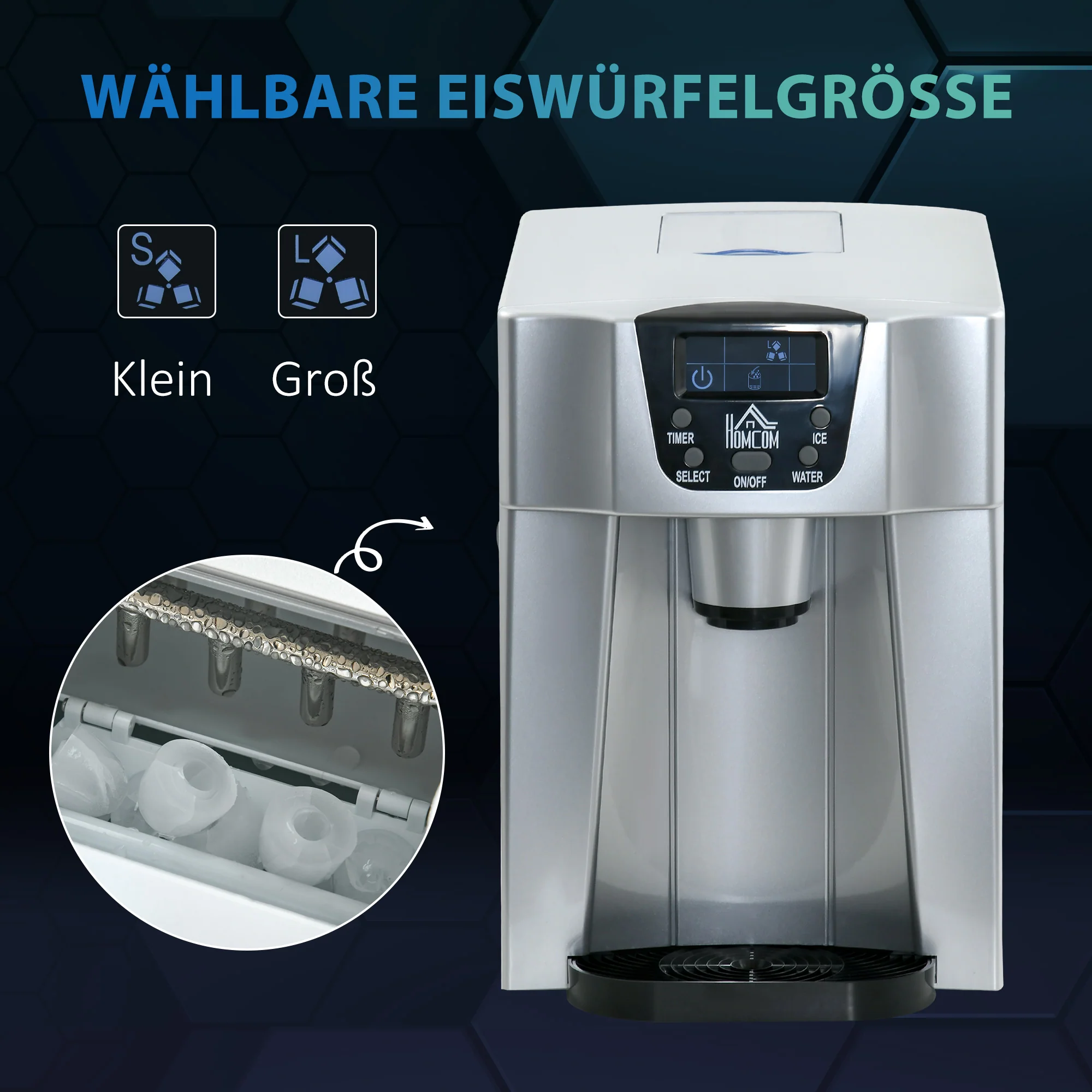 HOMCOM IJsblokjesmachine IJsblokjesmaker Ice-Maker, Timerfunctie, 25,2 cm x 38,9 cm x 36,3 cm, Zilver
