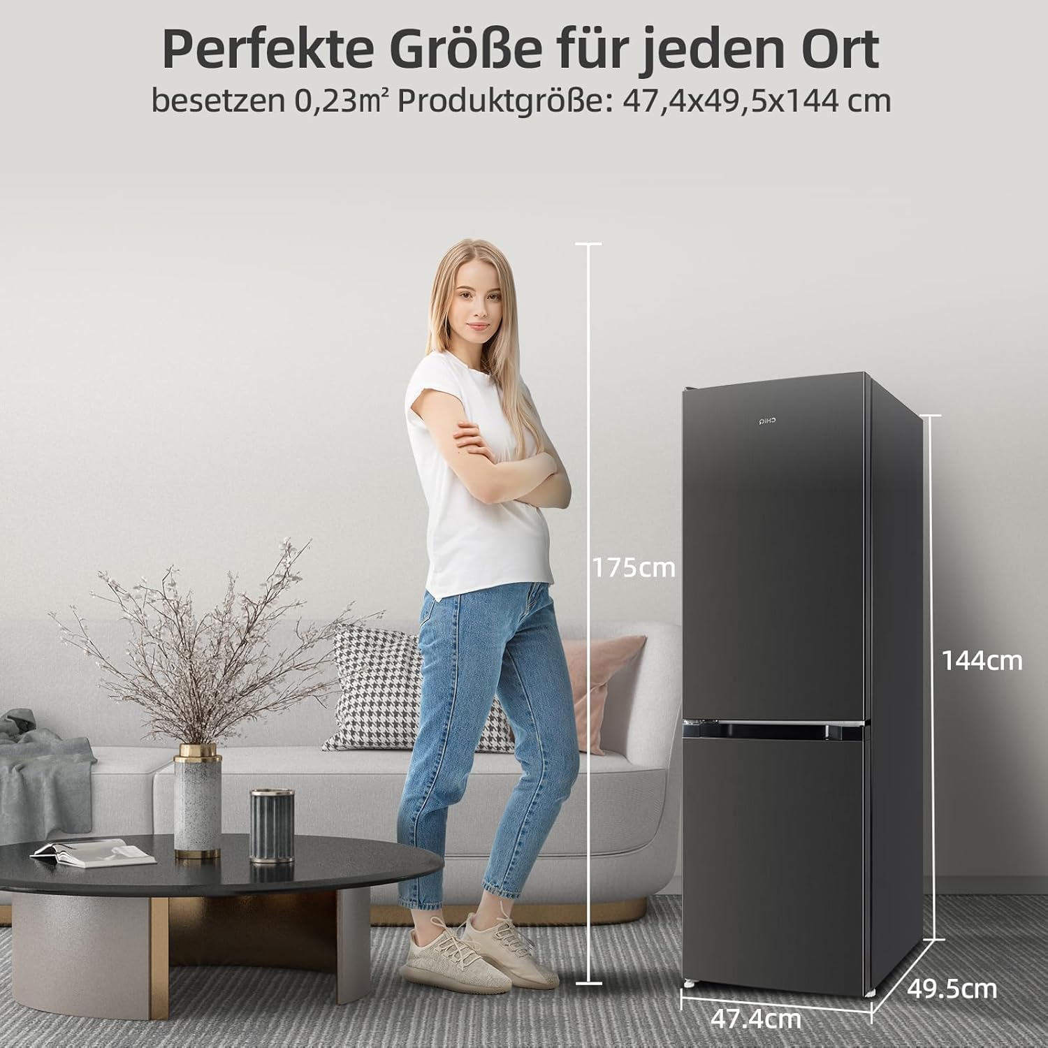 CHIQ Freistehender Kühlschrank mit Gefrierfach 157L (109L/48L) | Auto-Drain, 4-Sterne-Gefrierschrank | 47 cm B | LED Licht, Flexible Anpassung, Türausrichtung Wechselbar | Schwarz Inox