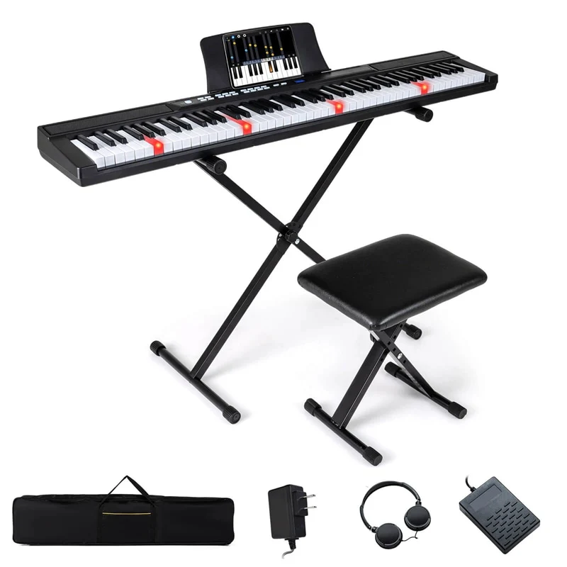 88 Key Electric Piano Keyboard Set with Adjustable Stand & Stool, Lighted Full Size Sensitive Keys, Sustain Pedal, Portable Bag for Beginners