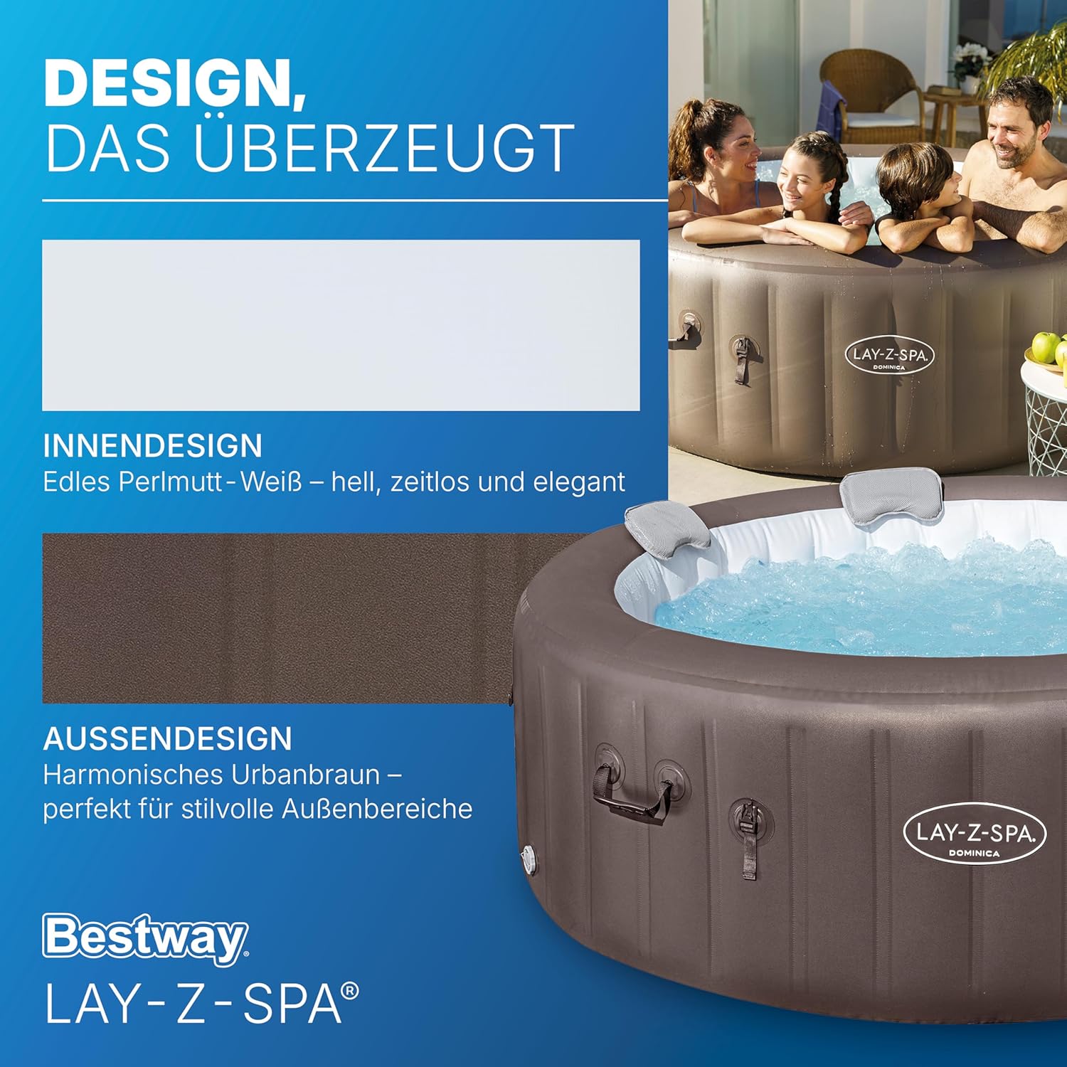 Bestway Lay-Z-SPA Whirlpool Dominica HydroJet, Ø 196 x 71 cm, 6 Personen, Heizung, Frostwächter, 4 HydroJet-Düsen, 140 AirJet-Düsen, App-Steuerung, Thermo-Abdeckung, Energieeffizient, Urbanbraun