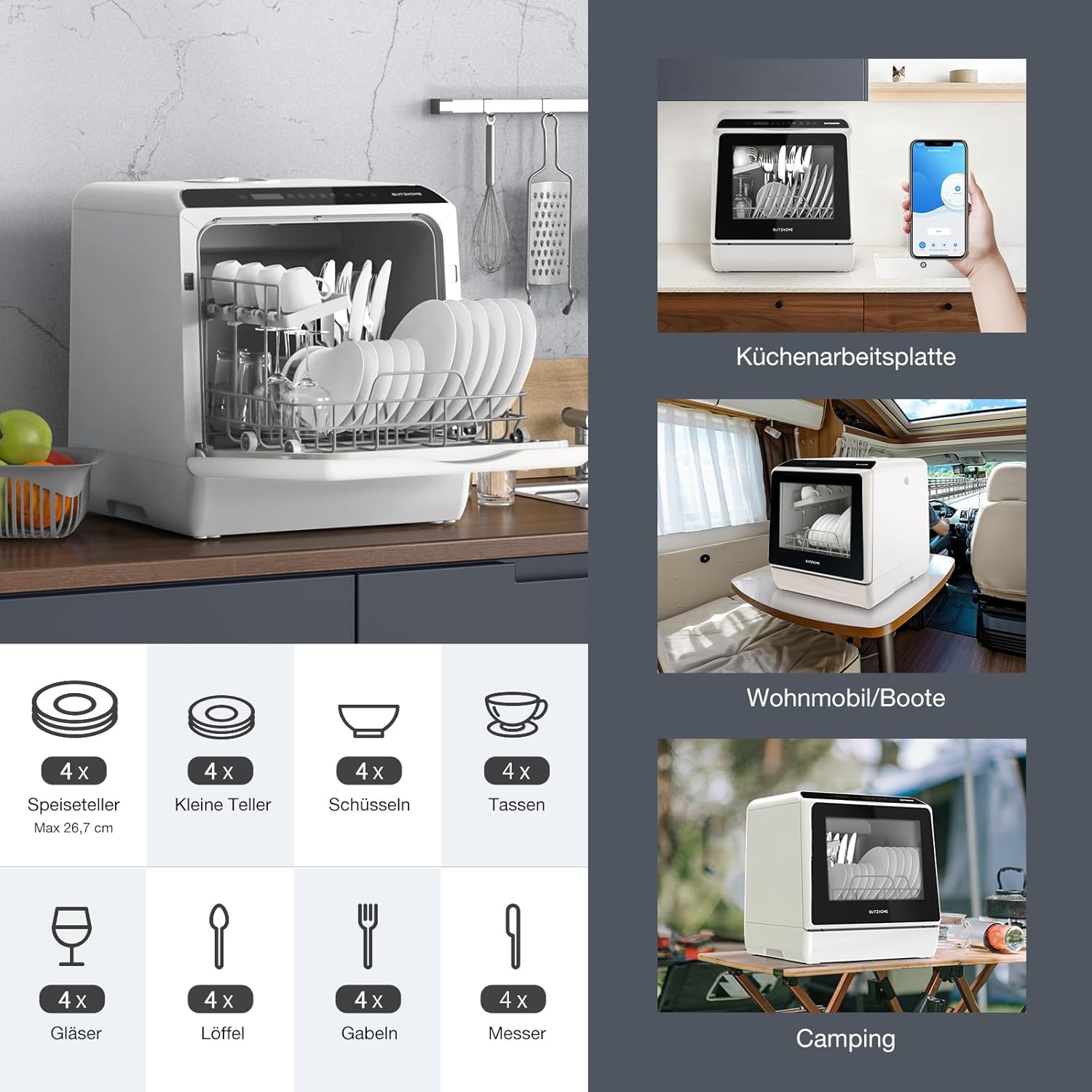 Mini Spülmaschine, BLITZHOME Mini Geschirrspüler App Steuerung, 6 Programme Tragbarer Smart Tischgeschirrspüler mit 5L Wassertank, mit/ohne Wasseranschluss Benutzbar, Trockenfunktion, für Camping