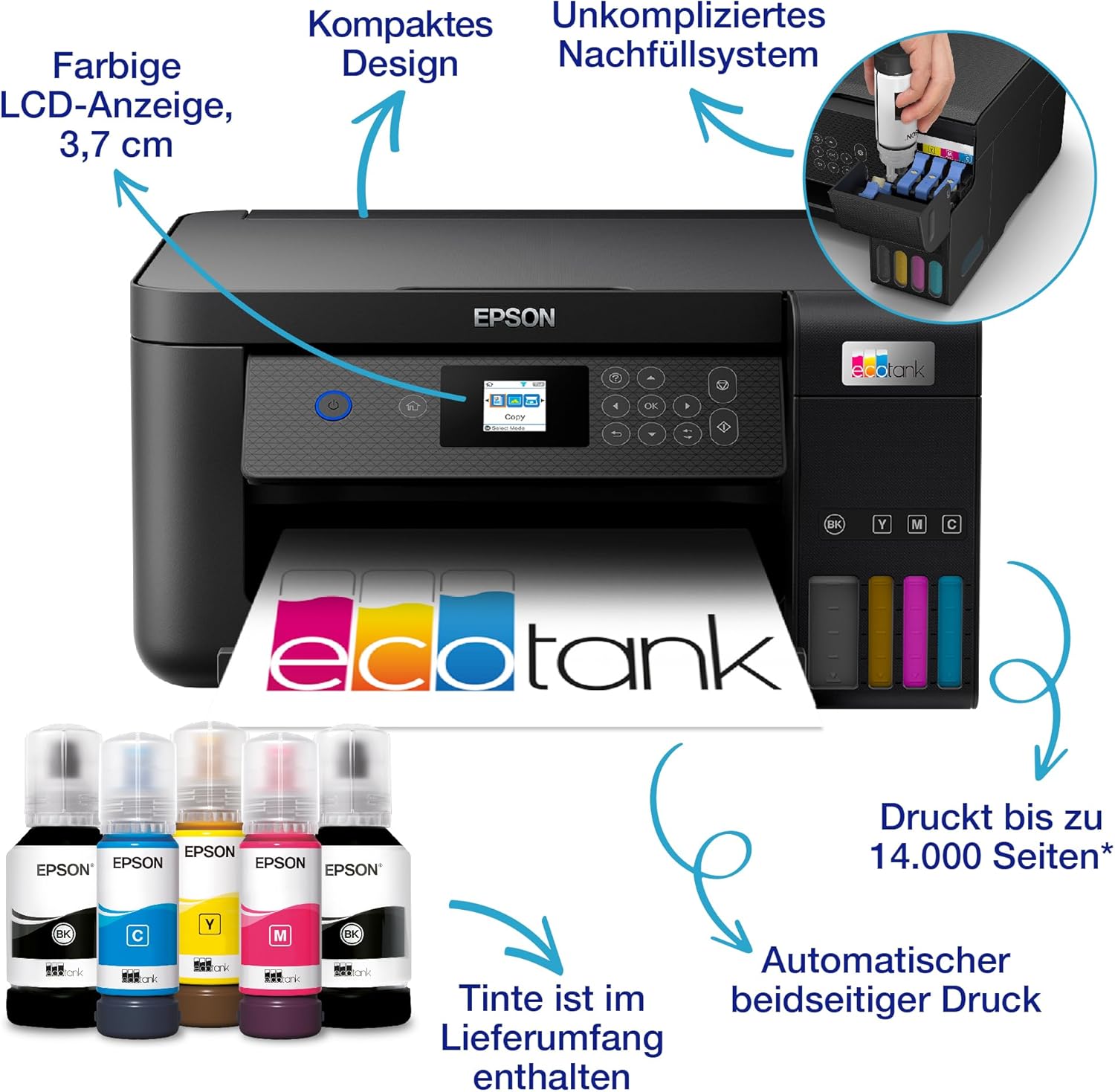 Epson EcoTank ET-2870 A4-Multifunktions-Wi-Fi-Tintentankdrucker, mit einem im Lieferumfang enthaltenen Vorrat an Tinten bis zu 3 Jahren