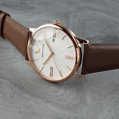 Emporio Armani Minimalist Quartz White Dial Brown Leather Strap Watch AR11572
