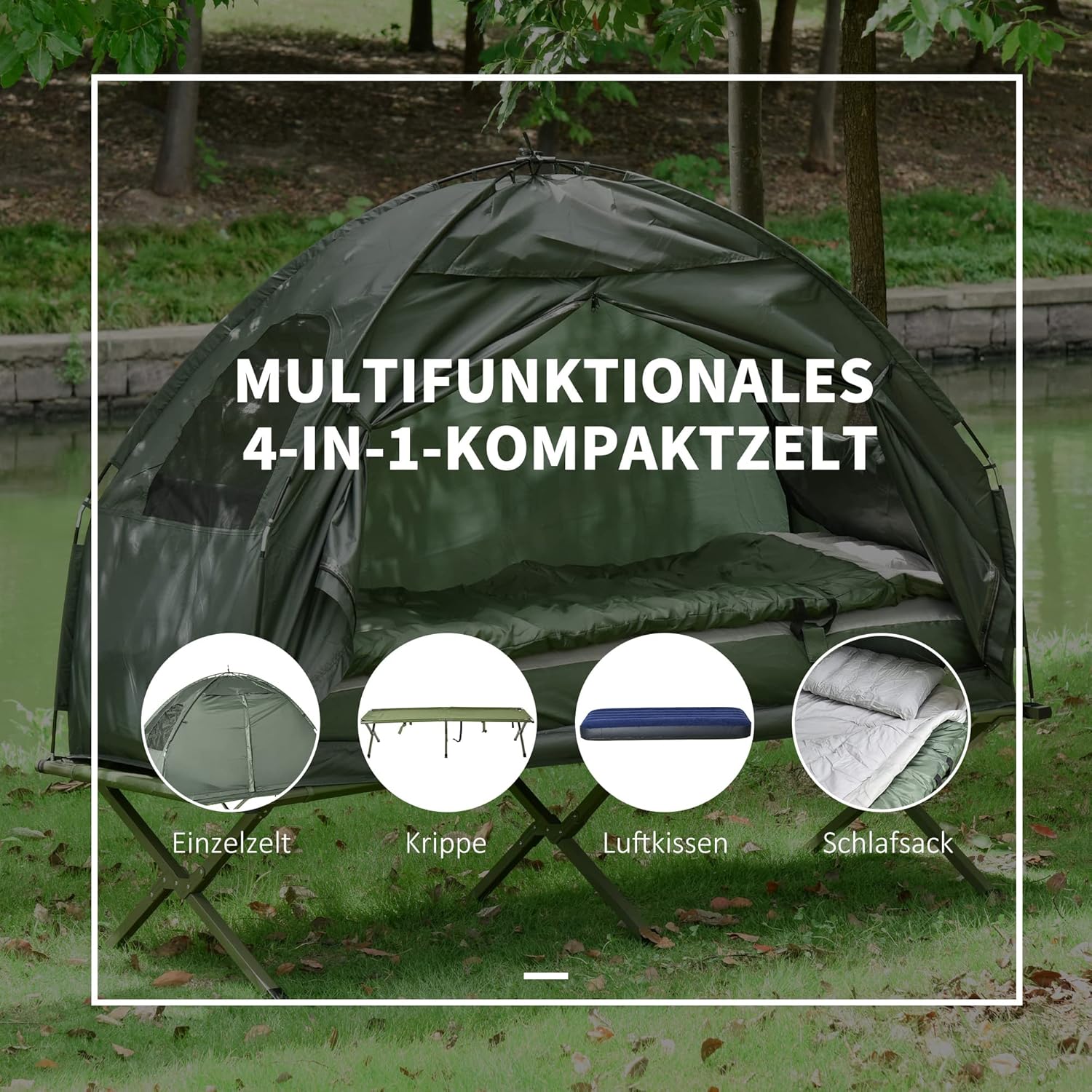 Outsunny Feldbett 4 in 1 Camping Set mit Zelt Schlafsack Matratze faltbar, Dunkelgrün