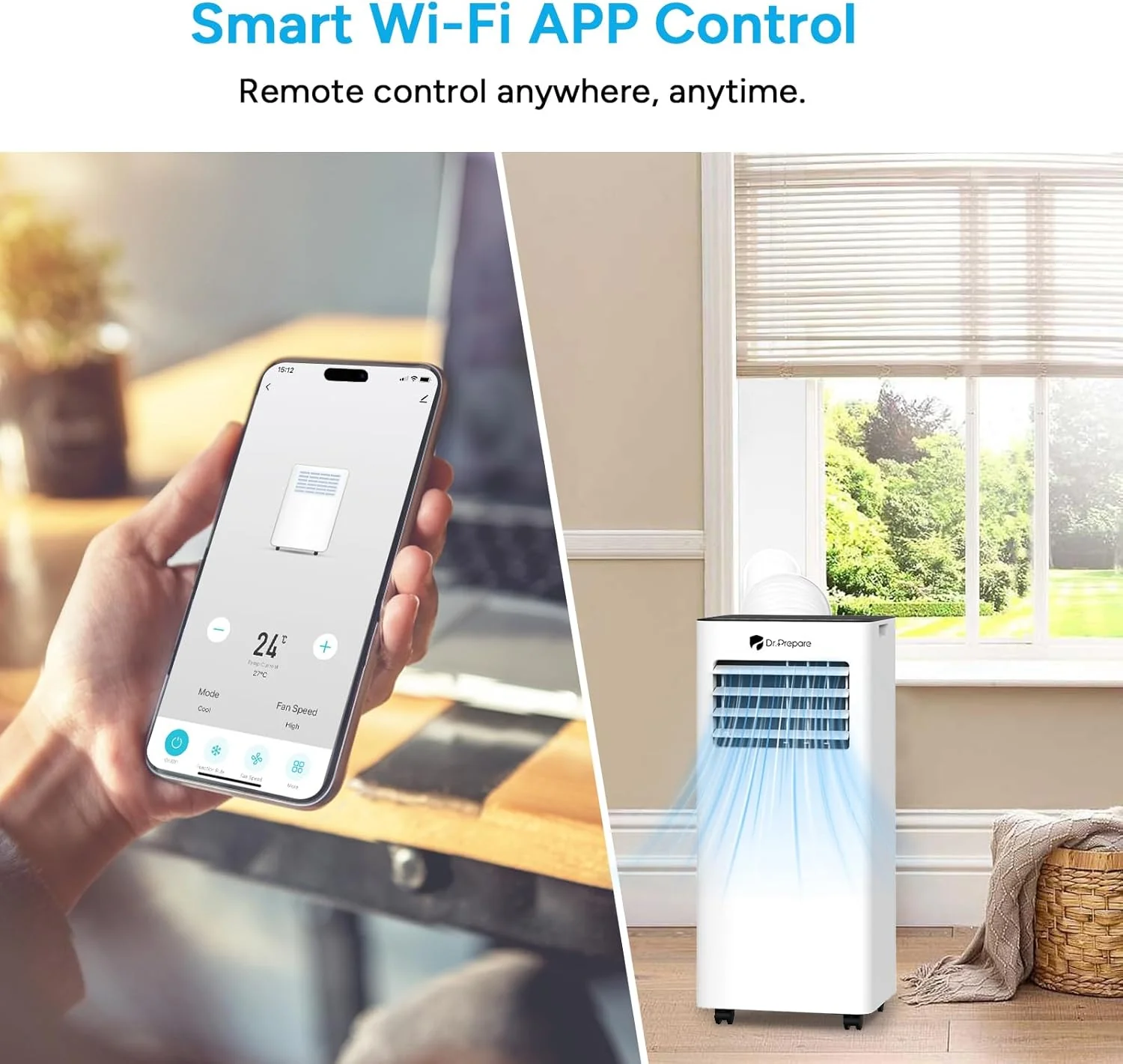 DR.PREPARE Mobiles Klimagerät 9000 BTU mit APP, 4 in 1 Mobile Klimaanlage mit Abluftschlauch, Kühlen&Ventilieren&Entfeuchten, Ventilator & Schlafmodus mit Fernbedienung, Kühlt bis zu 30m², 1-24H Timer