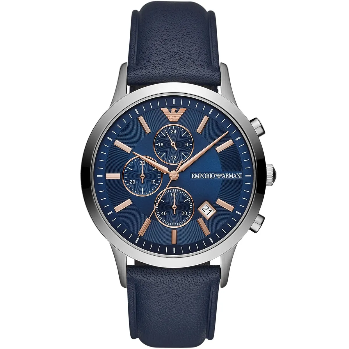 Emporio Armani Renato Chronograph Blue Dial Black Leather Strap Watch  - AR11216