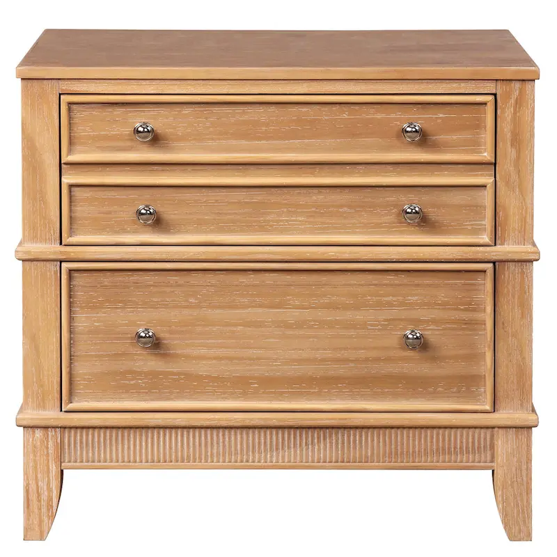Natural Wood Nightstand with 3 Drawers