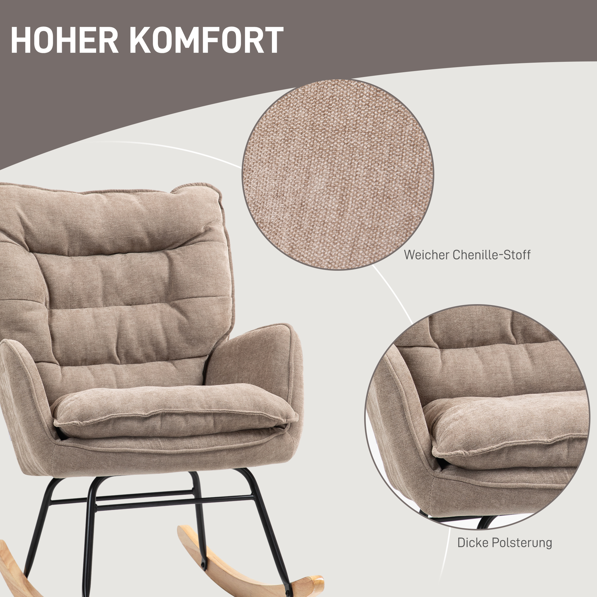 Schommelstoel met Brede Zit en Hoge Rugleuning, Frame van Beukenhout, tot 120 kg, Bruin