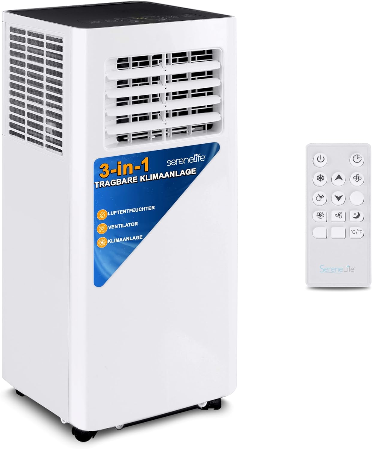 SereneLife 3-in-1 Mobile Klimaanlage mit Abluftschlauch – Klimagerät als Luftkühler, Ventilator & Luftentfeuchter– Mini Klimaanlage für Räume bis zu 28 m2 – Luftkühler für Zuhause & Büro 10,000 BTU