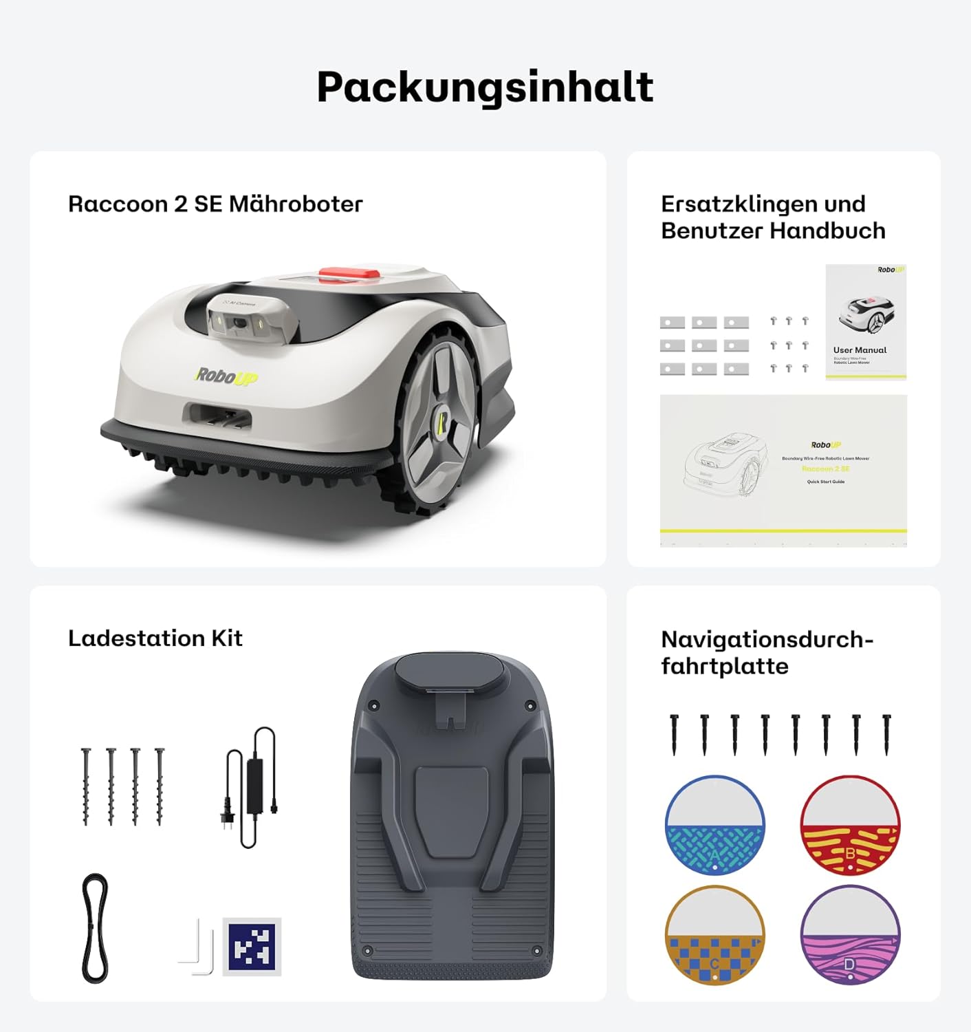Raccoon 2 SE Mähroboter ohne Begrenzungskabel, Ohne RTK, Max. 600㎡ Rasenfläche, 3-8cm Schnitthöhe, Intelligenter KI Rasenmäher Roboter mit 5 Ah-Schnellladen-Akku, Automatisches Aufladen
