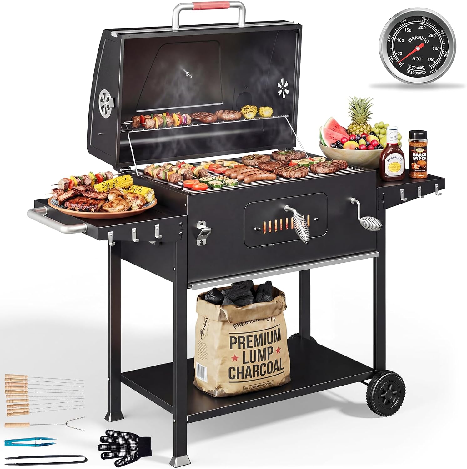 DEVOKO Parrilla carbón XXL con tapa, rejilla 71×43 cm, incluye termómetro, pinzas, guantes. Instrucciones claras, fácil limpieza con paño húmedo, se mantiene como nueva, para jardín, balcón y exterior
