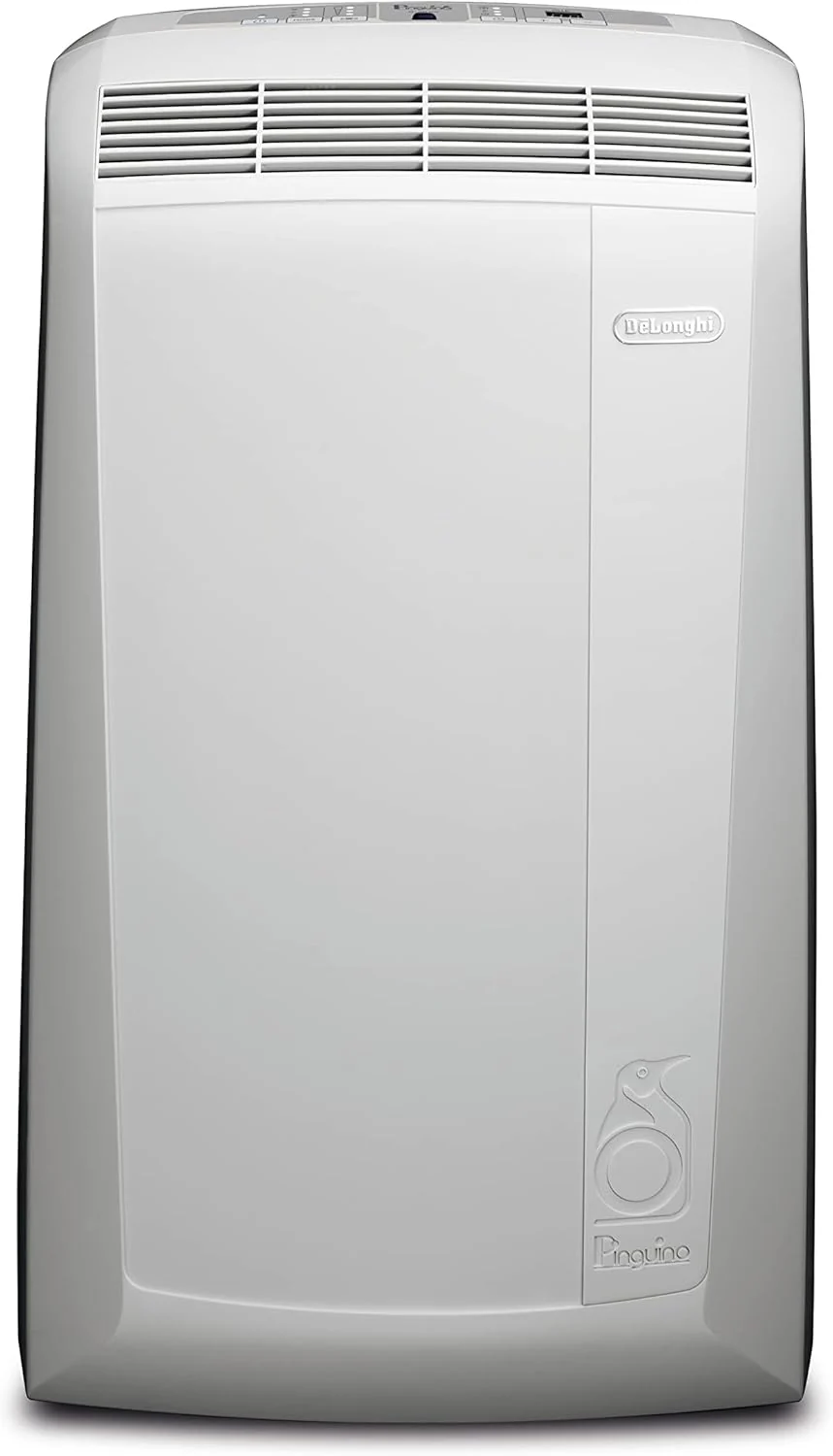 De'Longhi Pinguino PAC EM82, Condizionatore Portatile per ambienti fino a 80 m³, 9.400 BTU, 2,4 kW, 63 dB, Funzione Deumidificatore, Classe Energetica A, Timer 24h, Bianco
