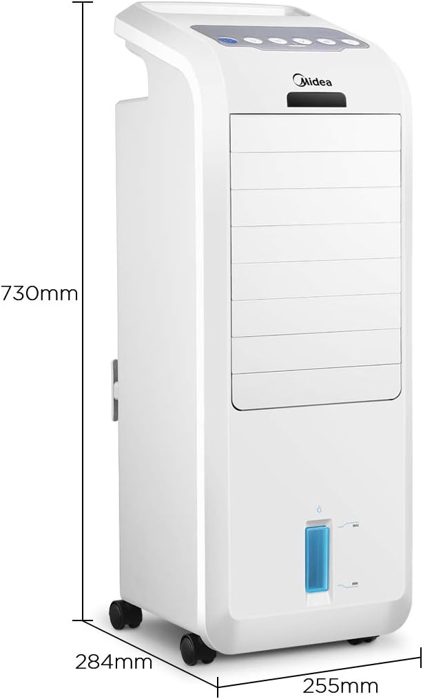 Midea Luftkühler mit Wasserkühlung, Klimaanlage Mobil, Ventilator mit 5L Wasserkühlung, Luftbefeuchter und Ionisation, Klimaanlage Ohne Abluftschlauch, 355m³/h, Ventilator mit Fernbedienung,55W,Weiß