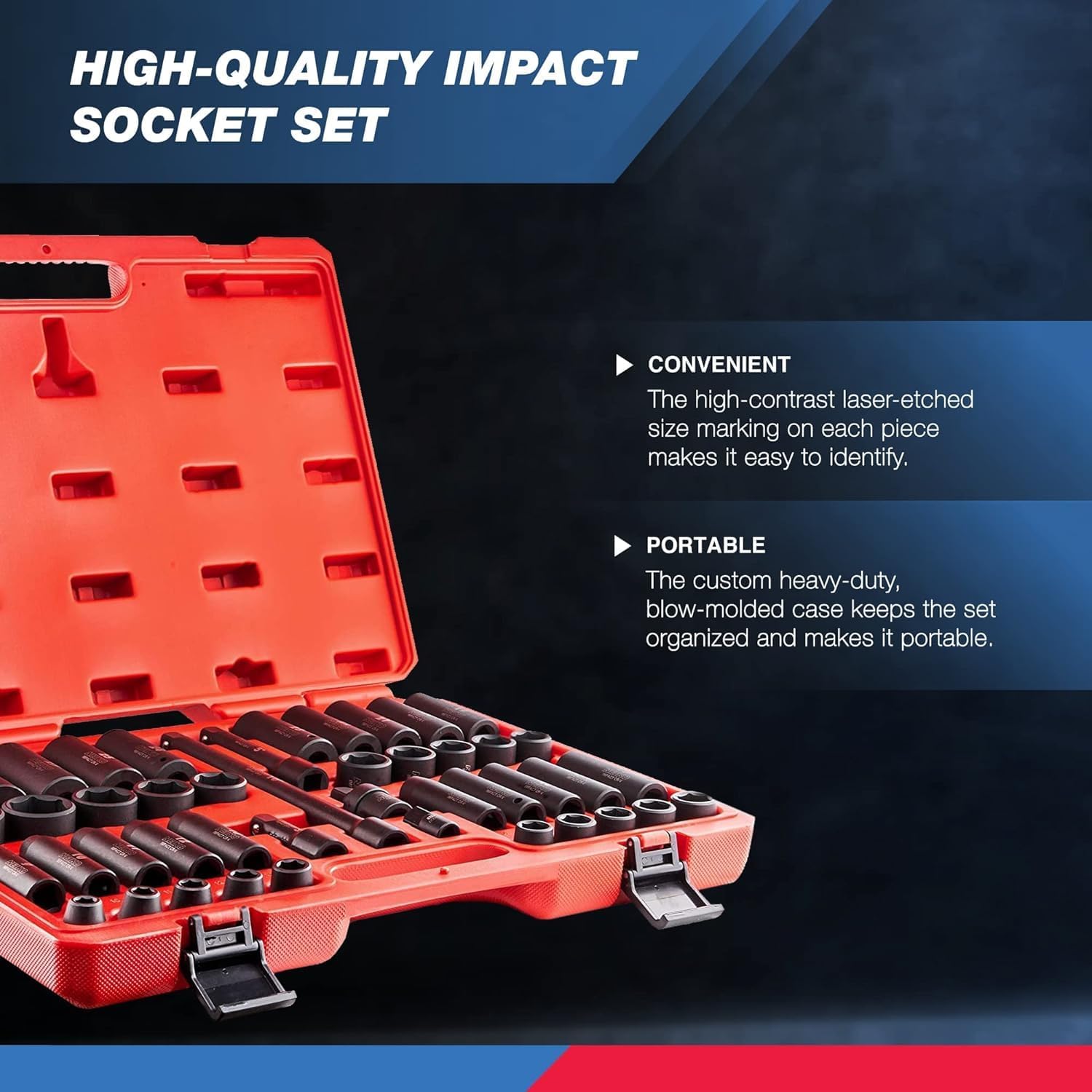 Chrome Vanadium Impact Socket Set 1/2′′ Drive, 65-Piece, SAE & Metric, Deep & Shallow, Includes Adapters & Ratchet Handle