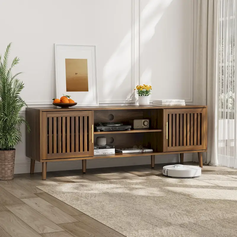 63-Inch Medieval Modern TV Stand with Adjustable Storage Rack and 2 Grille Door Cabinets