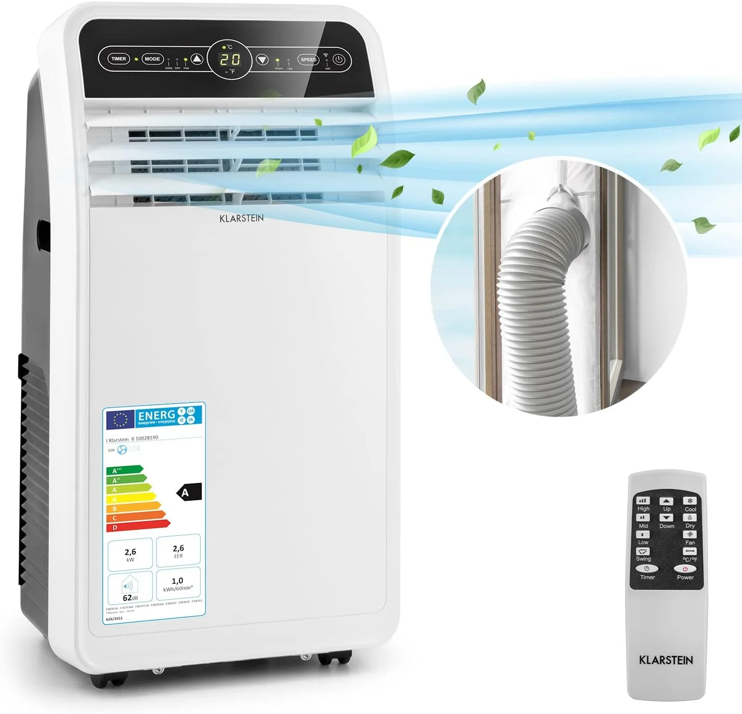 Klarstein Mobile Klimaanlage mit Abluftschlauch, 4-in-1 Klimagerät mit Ventilator, Luftentfeuchter & Nachtmodus, Kleine & Portable Klimaanlage für Wohnung & Büro, Niedriger Verbrauch, 9000 BTU