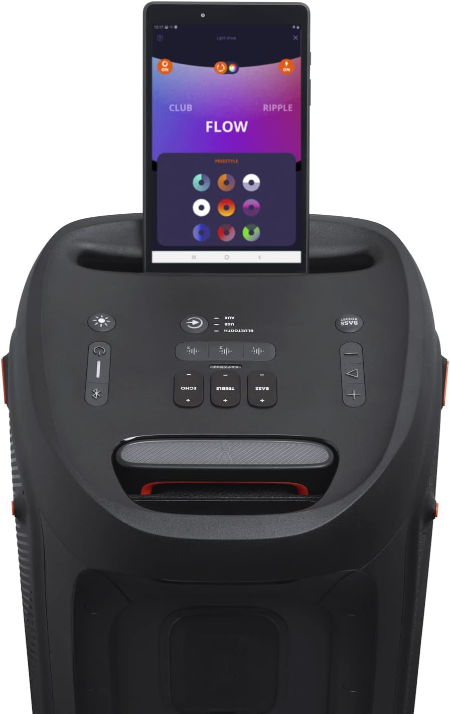 JBL PartyBox 710 - Schwarz – Trag - und rollbarer Bluetooth Party-Lautsprecher mit Lichteffekten – Spritzwassergeschützte, mobile Musikbox