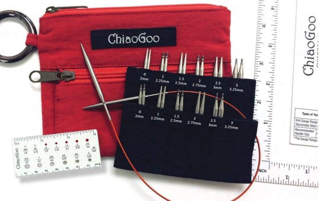 ChiaoGoo Twist Shorties Interchangeable Knitting Needle Set Bundle – Mini & Small, Stainless Steel, Red & Blue, Circular Needles 9′′-14′′
