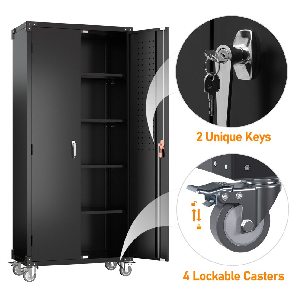 GangMei 72′′ Black Metal Garage Storage Cabinet with Wheels & Pegboard, 4 Adjustable Shelves, Lockable Tool Organizer