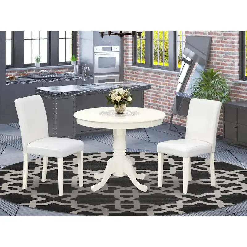 East West Furniture Round Dining Table Set - Kitchen Table with White Faux Leather Parson Chairs in Linen White (Various Piece Options)