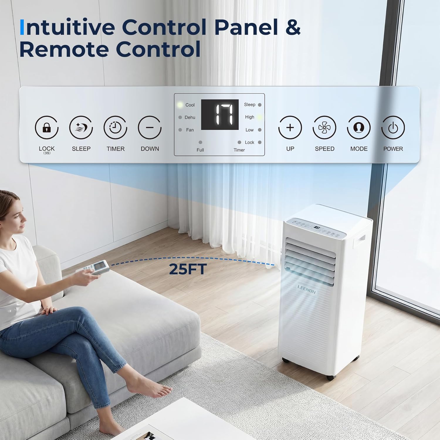 LEENON Klimaanlage Mobil Klimagerät 9000 BTU, 4 in 1 Kühlen Entfeuchten Lüftermodus Schlafmodus, 2.6KW Mobile Klima mit Abluftschlauch, Fernbedienung/ 24h-Time, Air Conditioner, Für Räume bis 35 m²