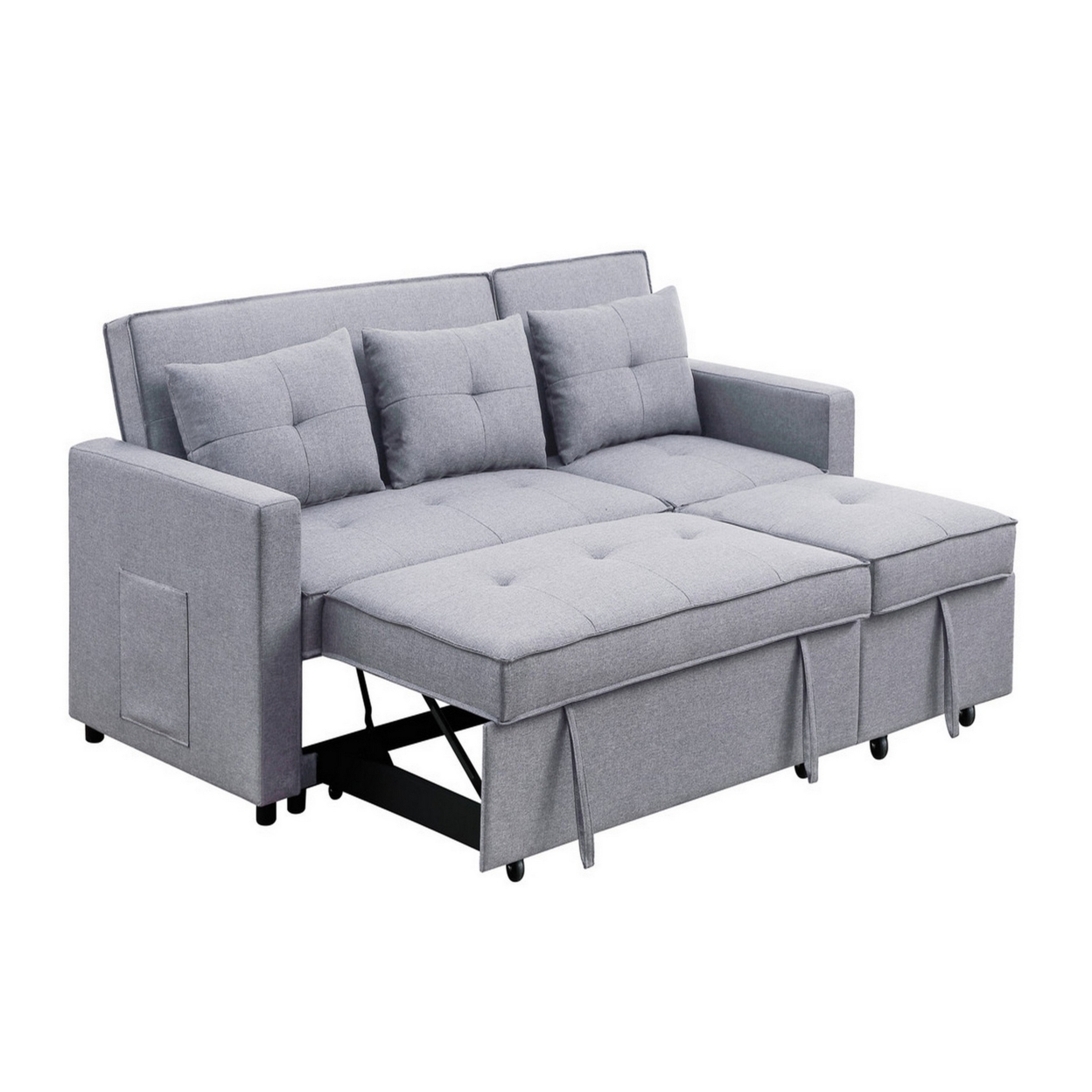 2025 Benjara BM286632 Jayce 80-inch Houten Convertible Sofa Bed met Zijvak, Lichtgrijs en Zwart