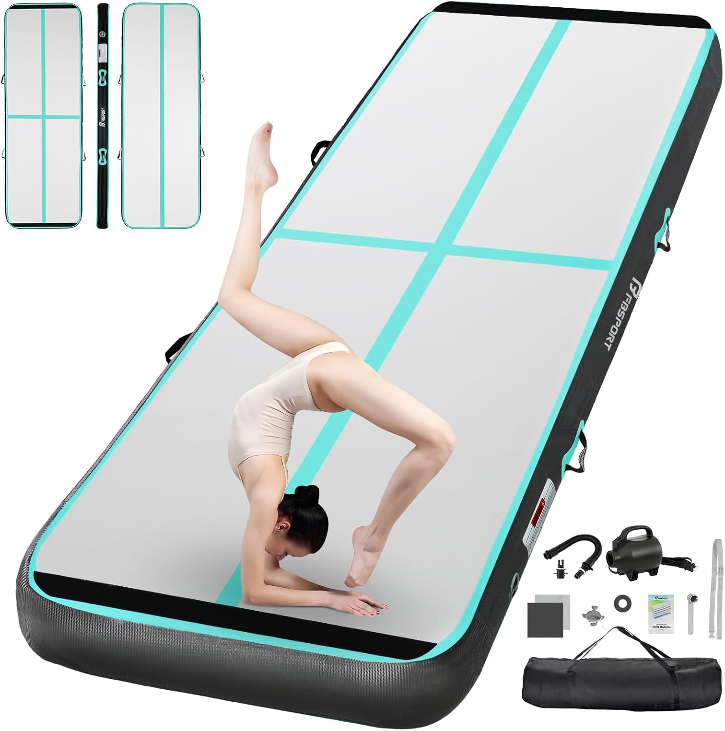 FBSPORT Airtrack-matta Höjd 10/20 cm Tjocklek 2/3/4/5/6/M Luftpump Gymnastikmatta Träningsmatta Träningsmatta med Bärväska Hemmagymnastikmatta