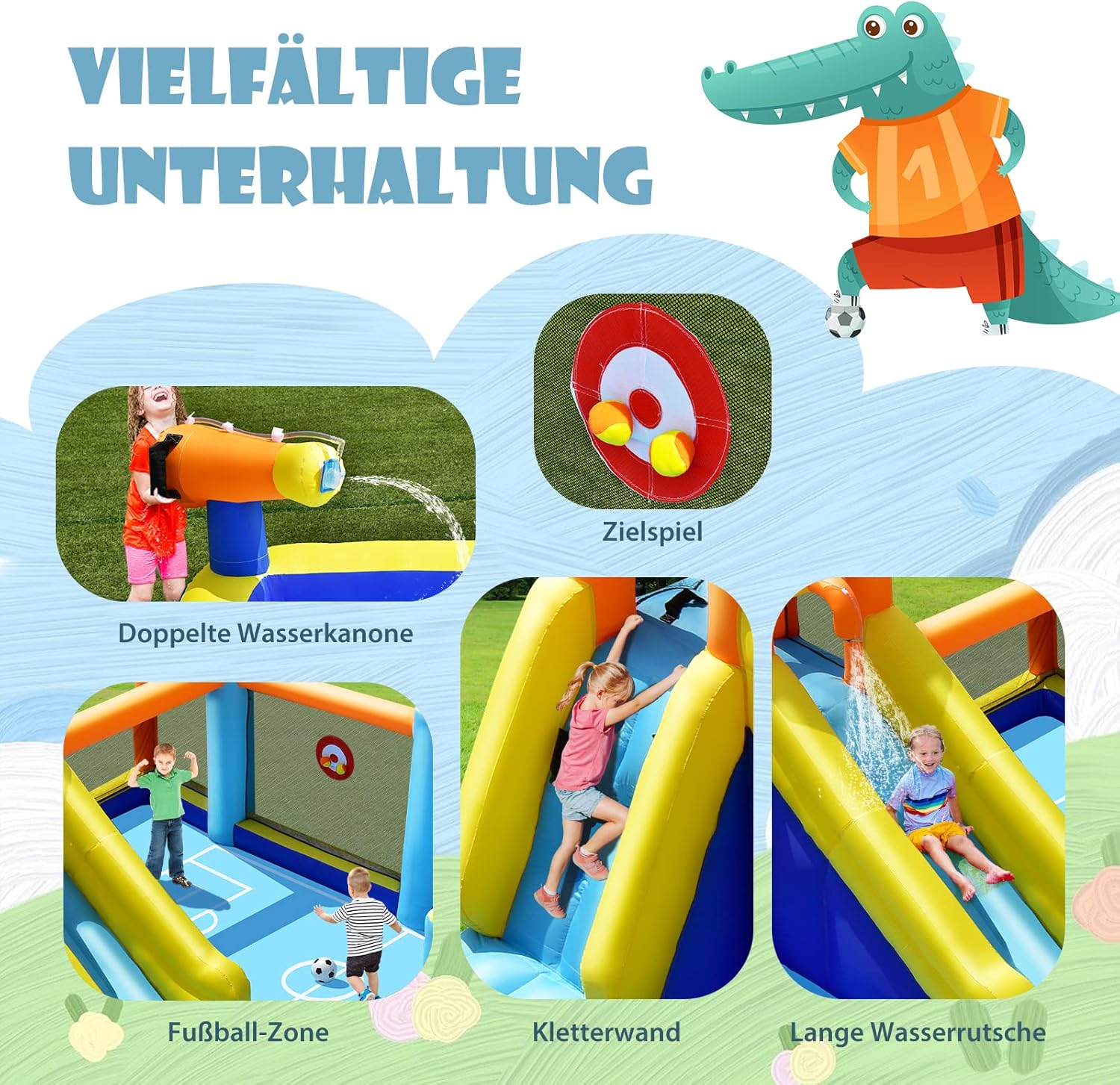 COSTWAY Aufblasbare Hüpfburg mit Gebläse, Wasserrutsche, Planschbecken, Fußballzone, Kletterwand, Zwei Wasserkanonen, und Zielspiel, Spielpool 500 x 465 x 200 cm