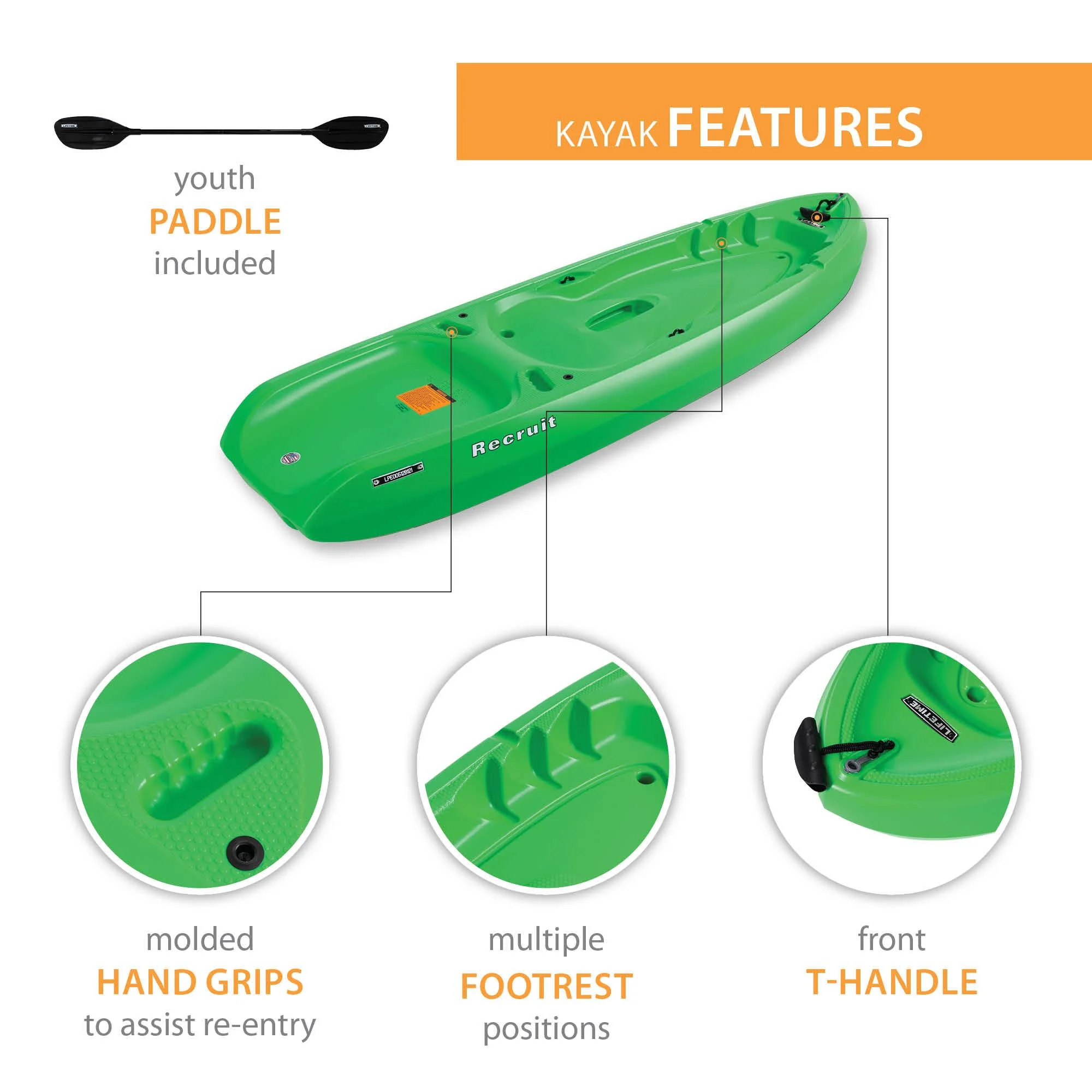 Lifetime Recruit 6.5 ft Youth Sit-on-Top Kayak, Lime Green (90765)