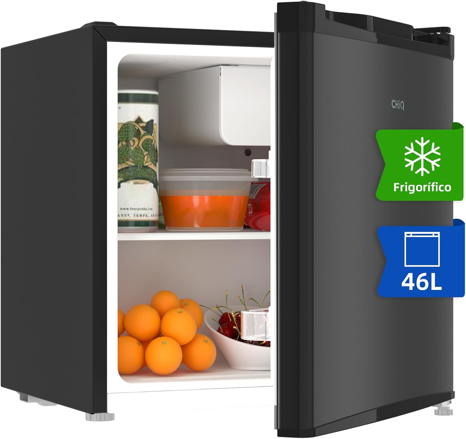 CHIQ Refrigerator Minibar Capacity 46L, Built-in Compressor, Wine Rack and Freezer Compartment, Adjustable Temperature Control, Low Noise, Reversible Door, Black