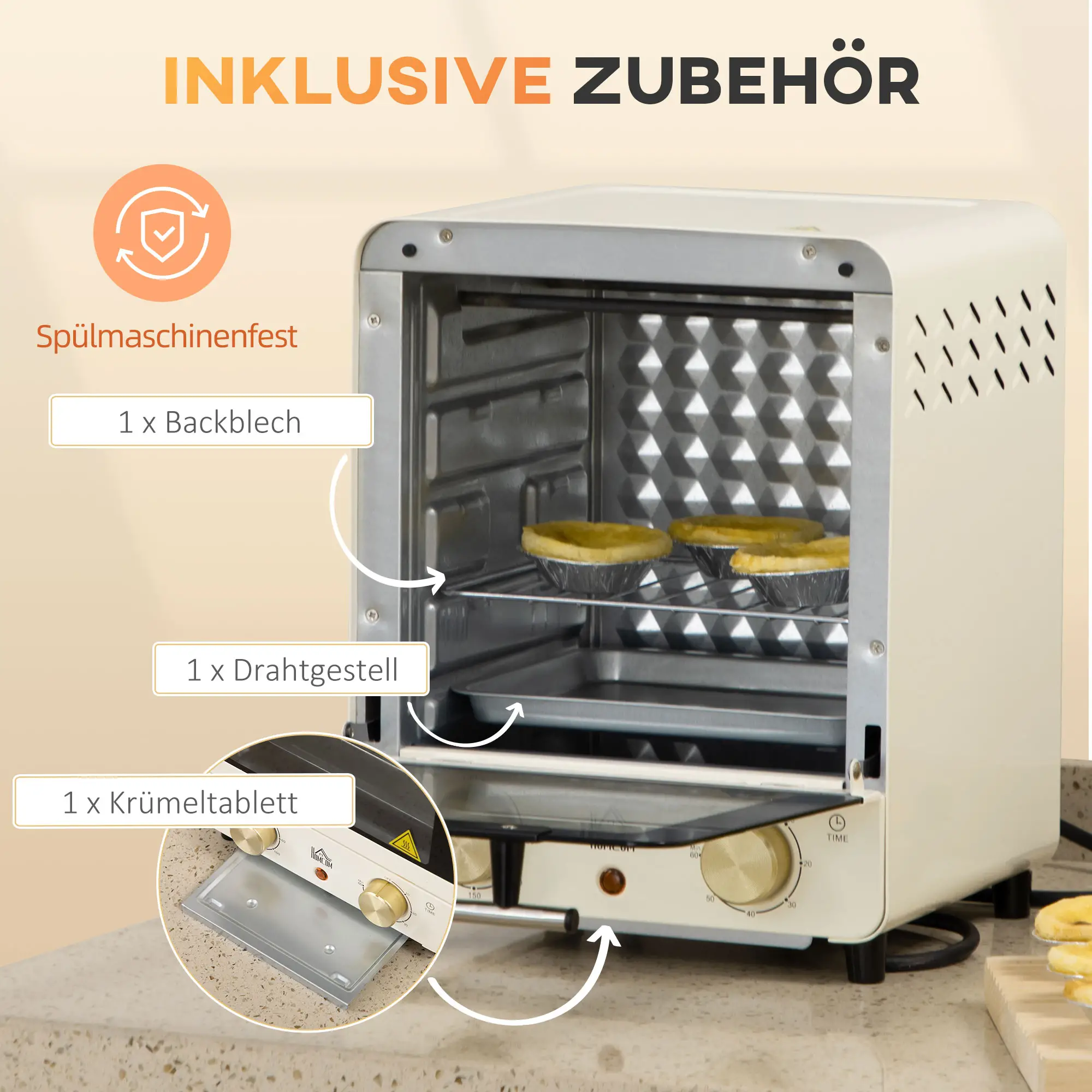 HOMCOM Minibackofen einstellbare Temperatur Timer Sichtfenster Cremeweiß