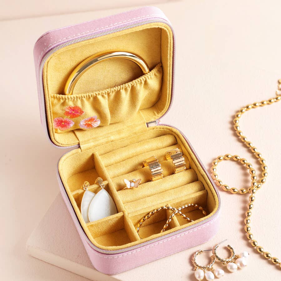 Flower Embroidered Travel Square Jewelry Case