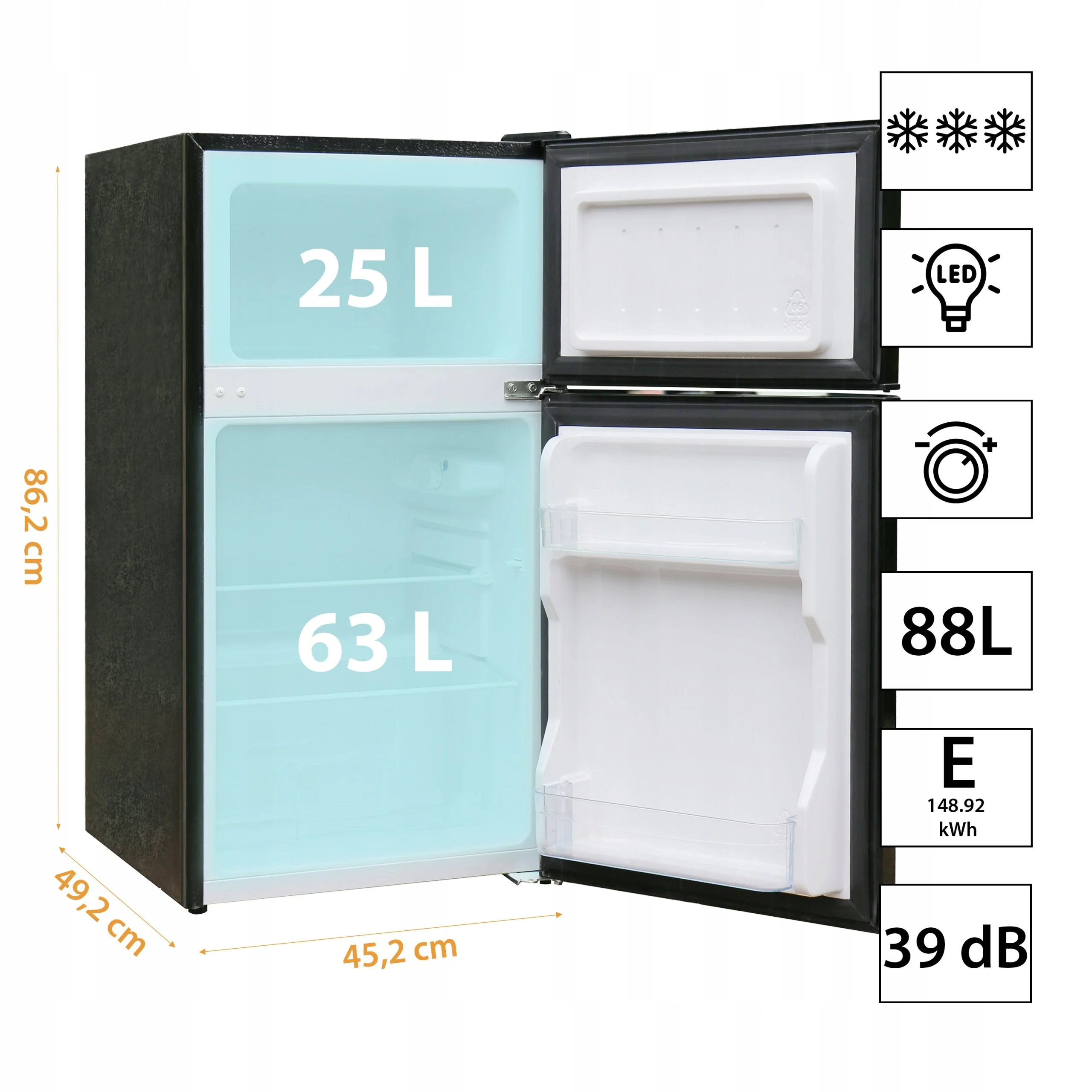 LODÓWKA MAŁA chłodziarka zamrażarka hotelowa biurowa srebrna LED 88l. 86cm