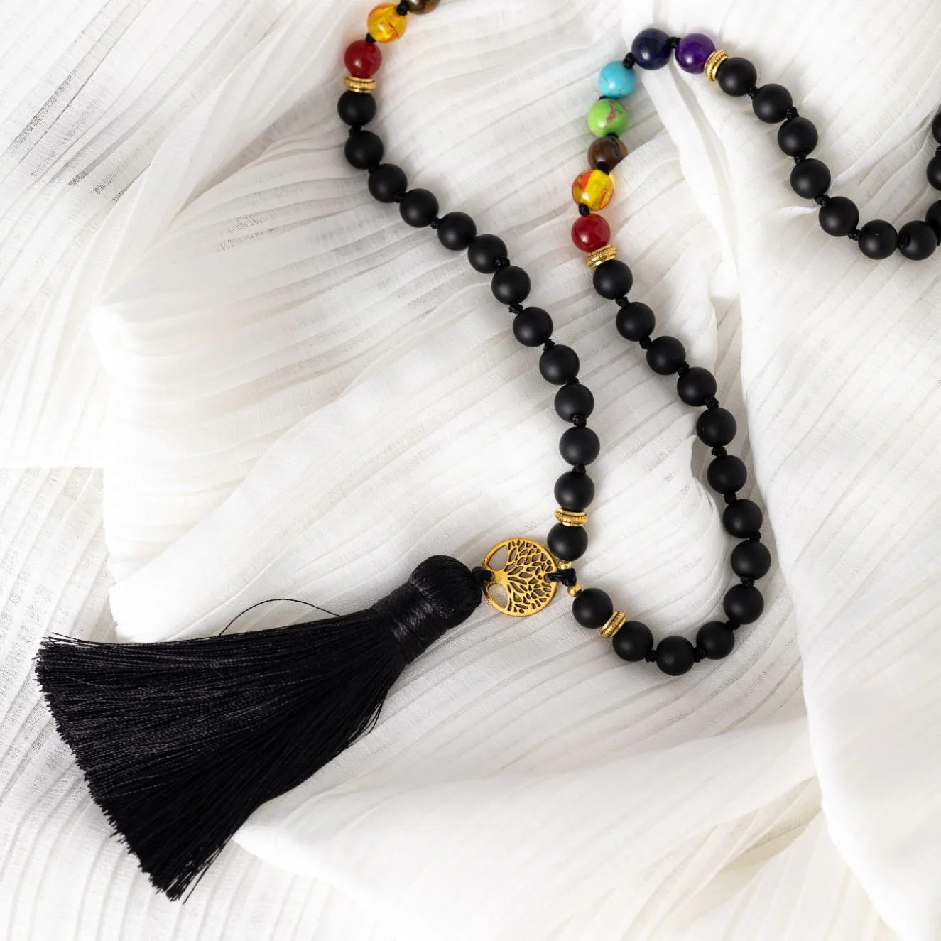 Chakra Mala - Frosted Onyx - Tree of Life Kwastje - Balans