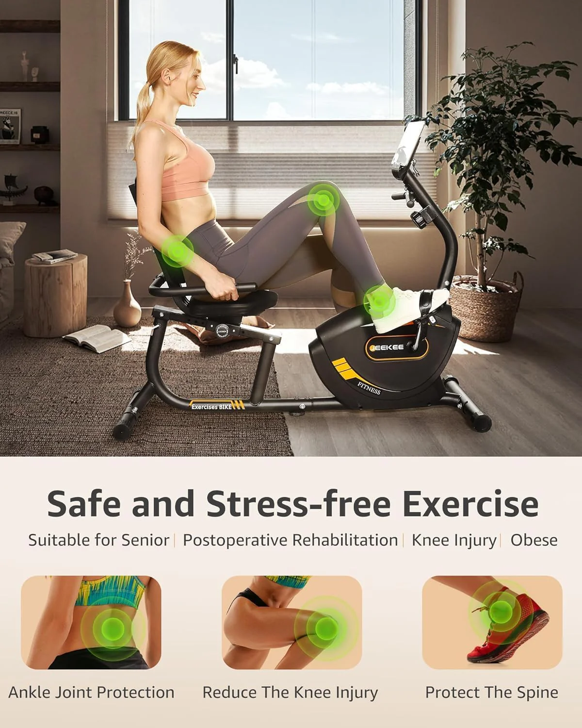 JEEKEE Recumbent Exercise Bike for Adults Seniors - Indoor Magnetic Cycling Fitness Equipment for Home Workout Black