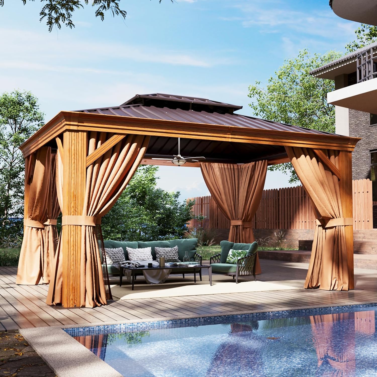 Wood Grain Hardtop Gazebo with Rain Gutter